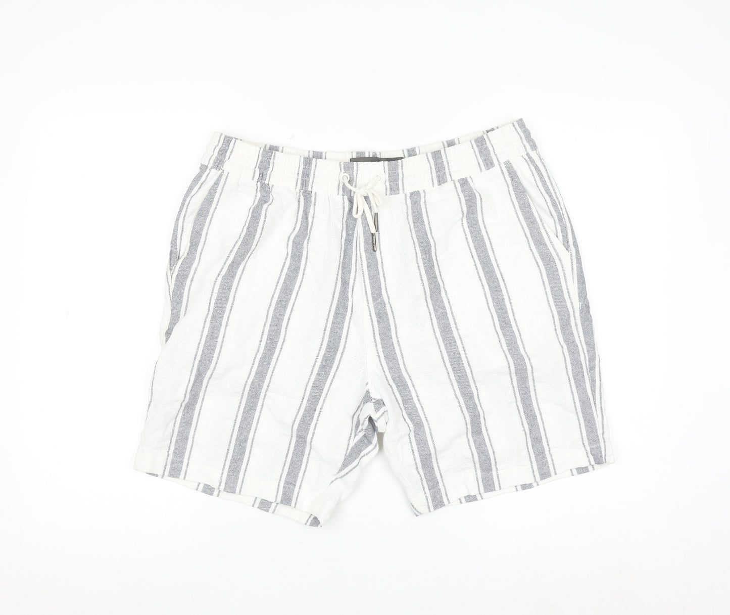 Next Men's White Striped Chino Shorts L Casual Drawstring Cotton