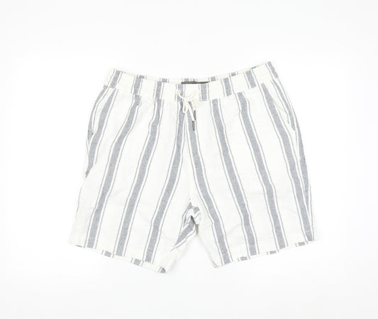Next Men's White Striped Chino Shorts L Casual Drawstring Cotton
