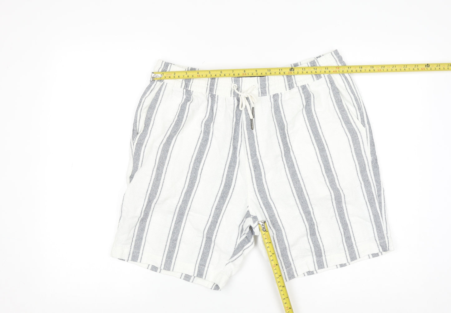 Next Men's White Striped Chino Shorts L Casual Drawstring Cotton