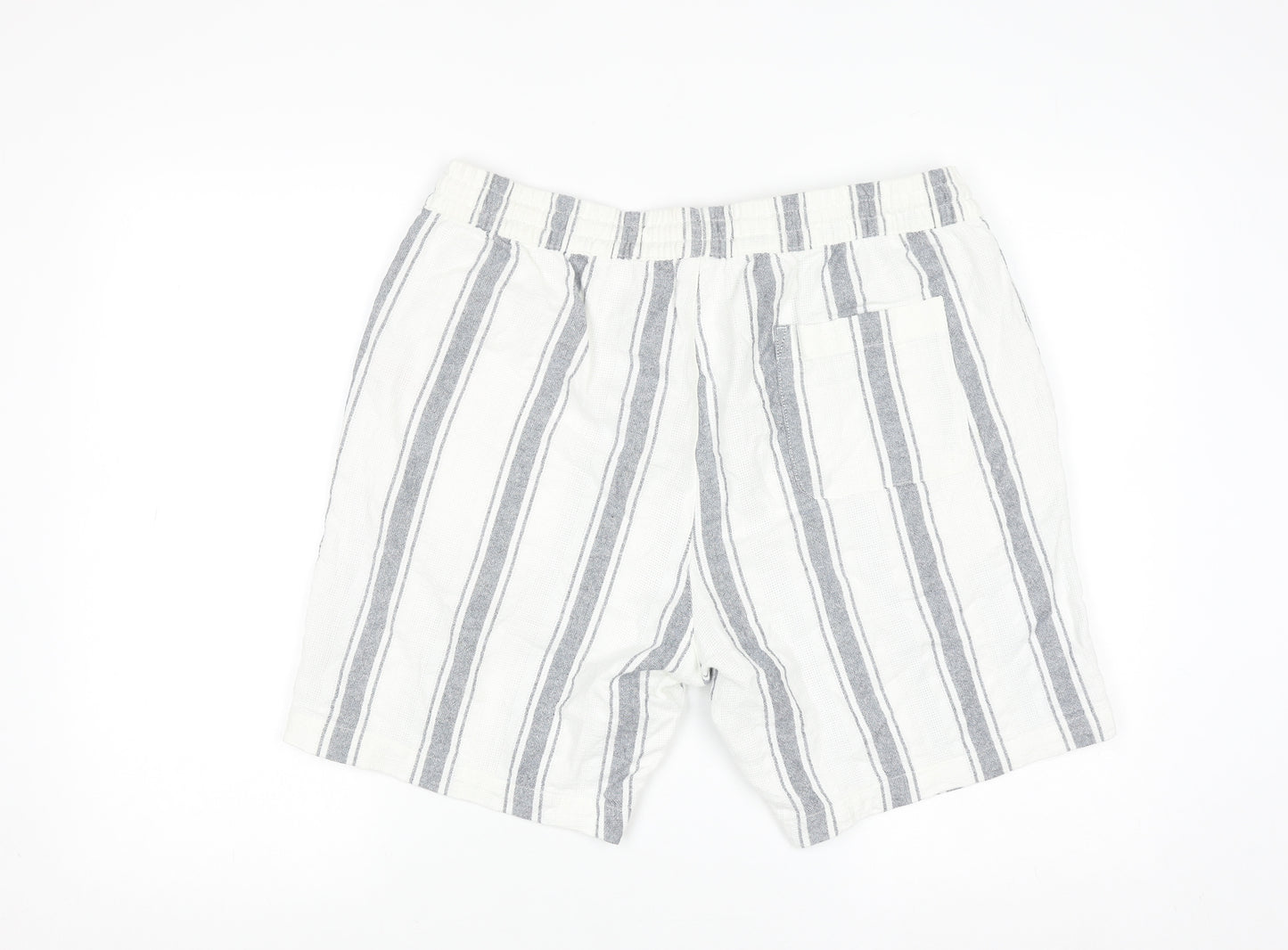 Next Men's White Striped Chino Shorts L Casual Drawstring Cotton