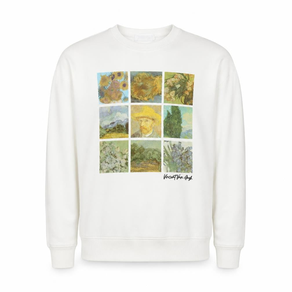 Front view of Primark Men’s White Vincent Van Gogh Art Graphic Pullover Sweatshirt XS