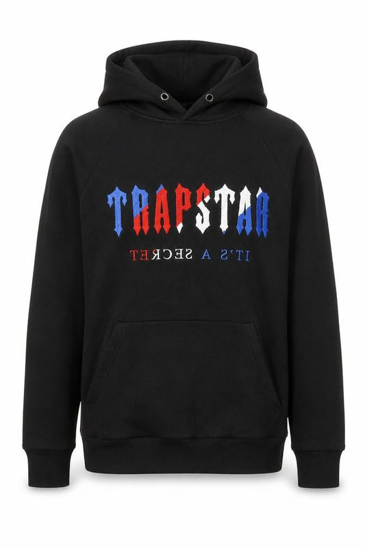 Front view of Trapstar Men's Black Pullover Hoodie S Embroidered Logo Streetwear