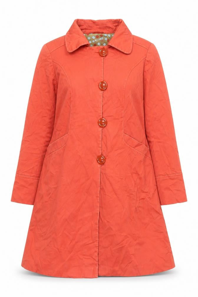 Front view of Marks & Spencer Women's Orange Long Trench Coat, size 10, Cotton Blend