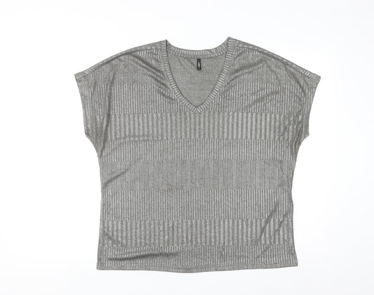 ONLY Womens Grey Knit V-Neck Short Sleeve Top Size M