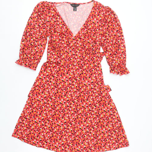 New Look Women's Red Floral Wrap Dress Size 6 Puff Sleeve