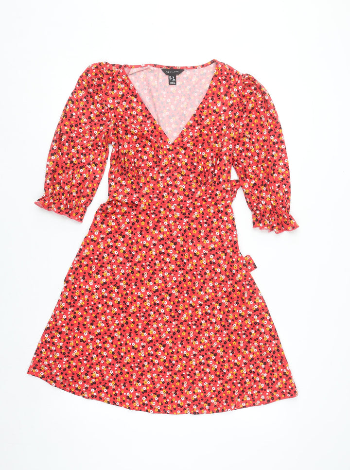 New Look Women's Red Floral Wrap Dress Size 6 Puff Sleeve