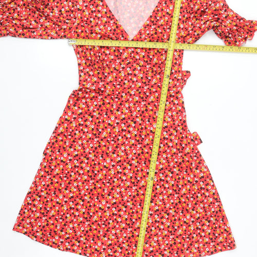 New Look Women's Red Floral Wrap Dress Size 6 Puff Sleeve
