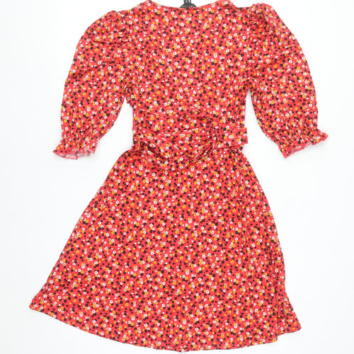 New Look Women's Red Floral Wrap Dress Size 6 Puff Sleeve