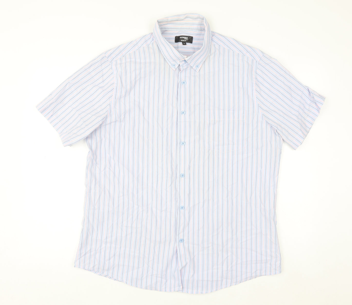Dunnes Stores Men's Blue Striped Slim Fit Short Sleeve Button-Up Shirt XL