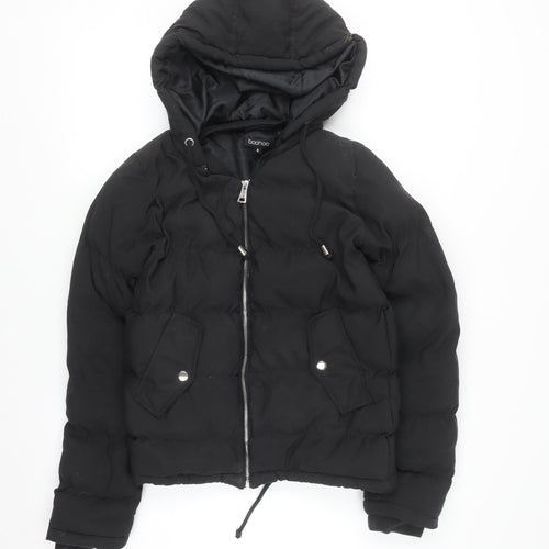 Boohoo Womens Black Hooded Puffer Jacket Size 8 Quilted Zip Up