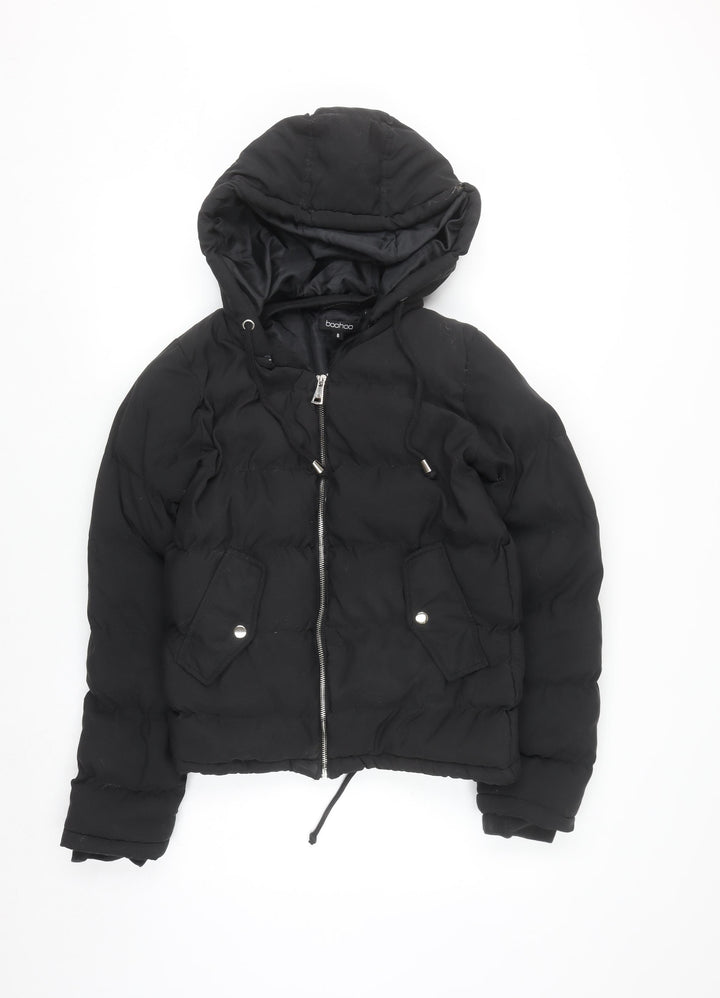 Boohoo Womens Black Hooded Puffer Jacket Size 8 Quilted Zip Up