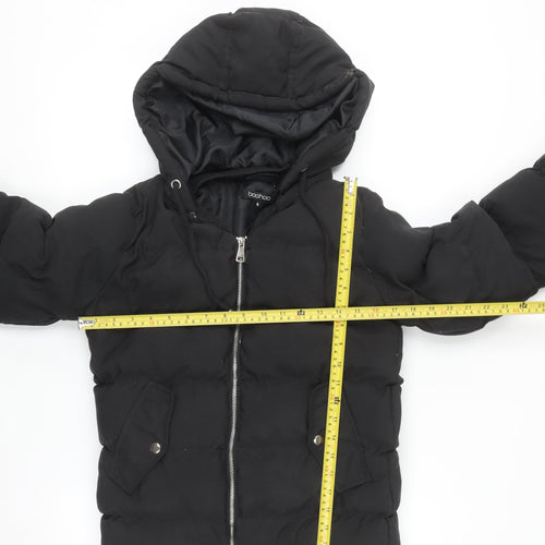 Boohoo Womens Black Hooded Puffer Jacket Size 8 Quilted Zip Up