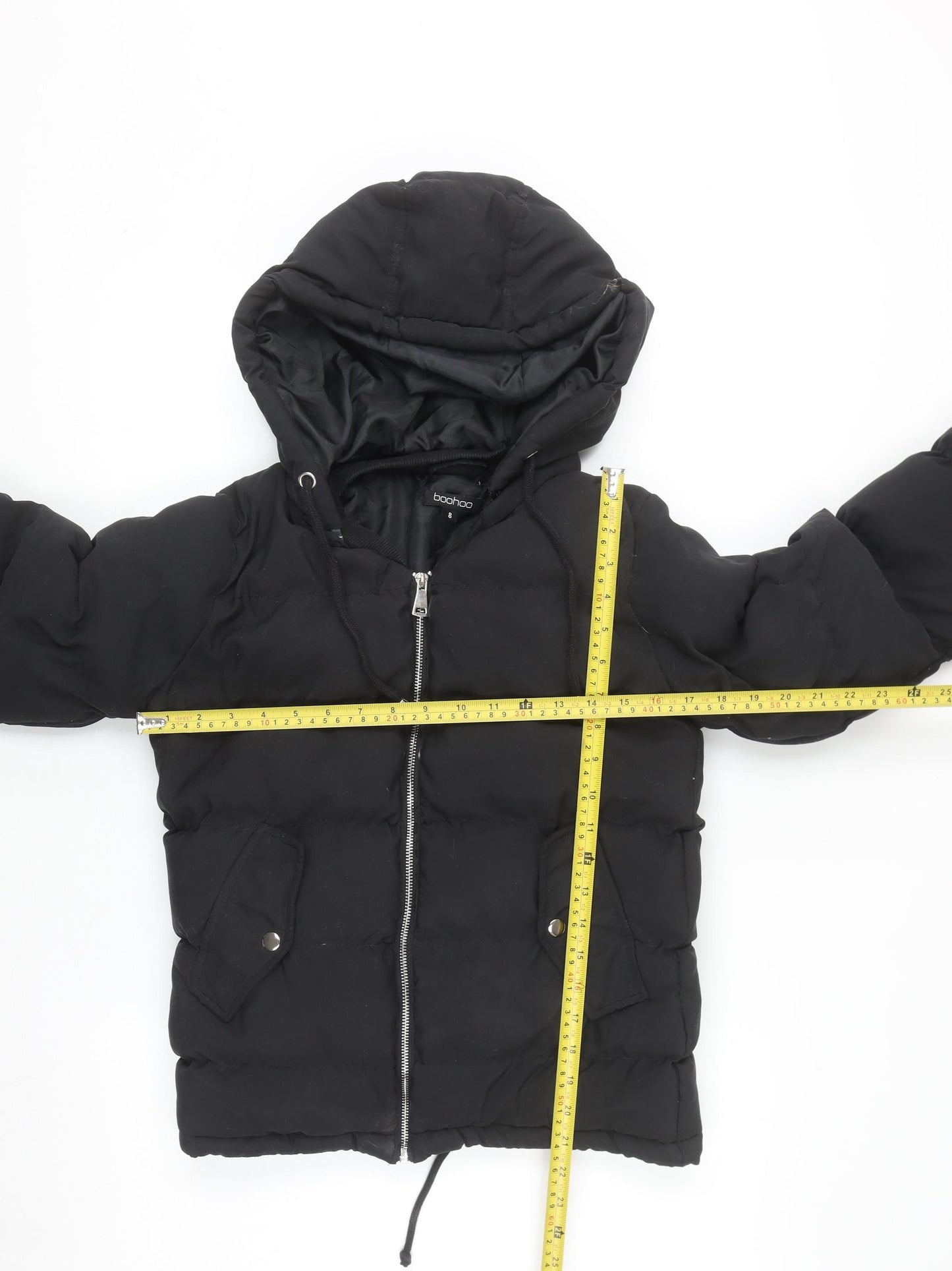 Boohoo Womens Black Hooded Puffer Jacket Size 8 Quilted Zip Up