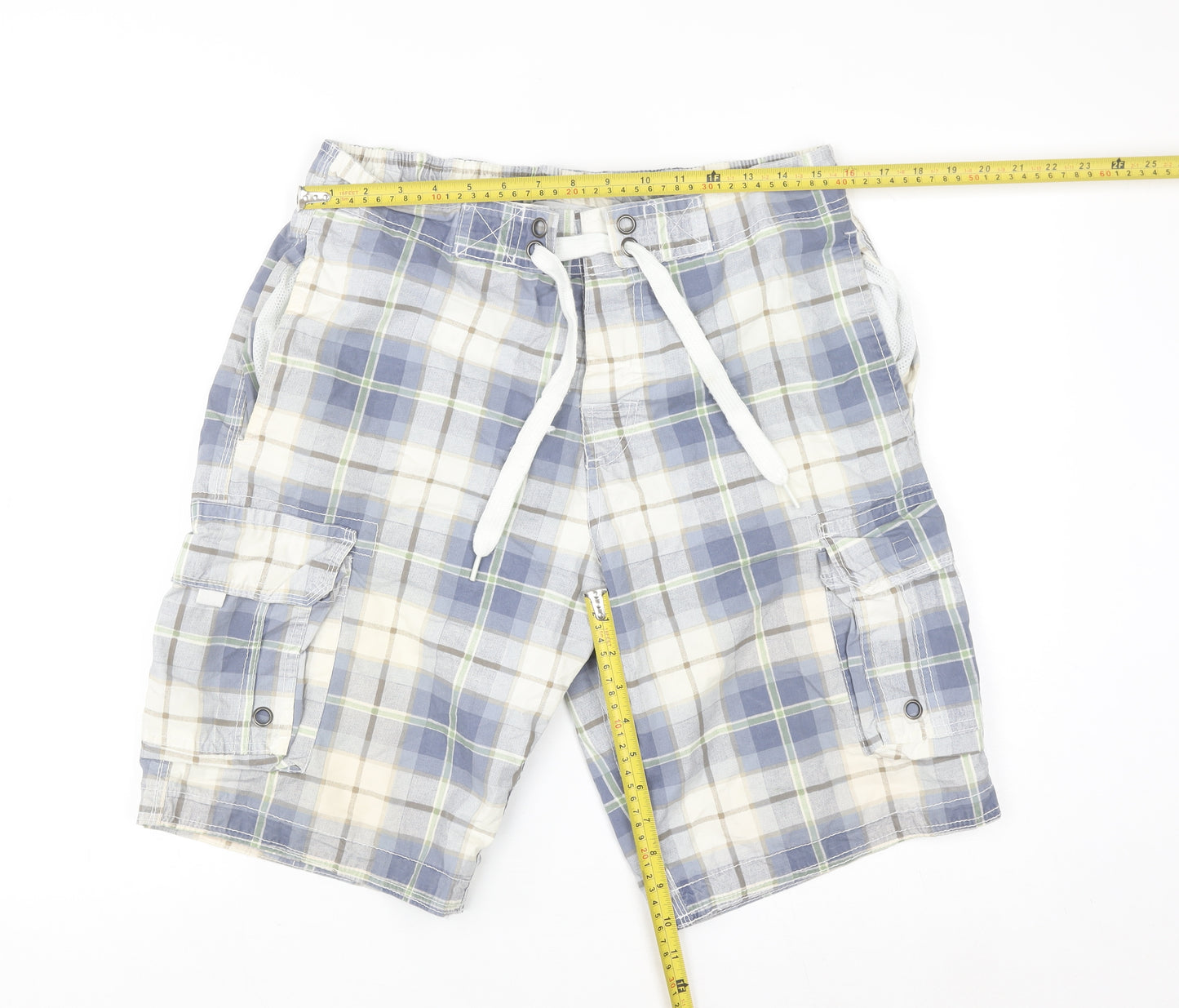 Cedarwood State Men's Blue Check Cargo Shorts M Cotton Casual