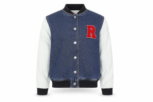 Front view of Only boys’ blue denim varsity jacket, size 146, cotton lined button bomber