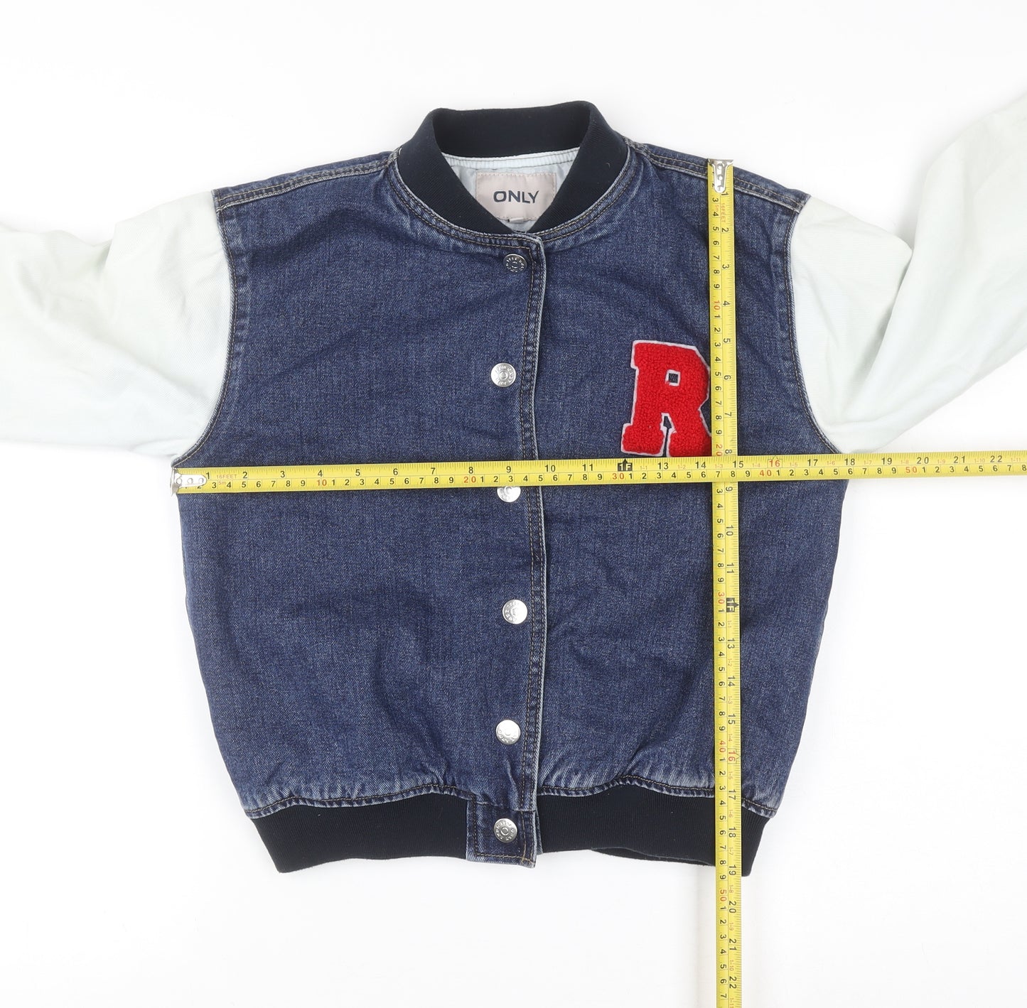 ONLY Boys Blue Denim Varsity Jacket Size 146 Cotton Lined Button Bomber