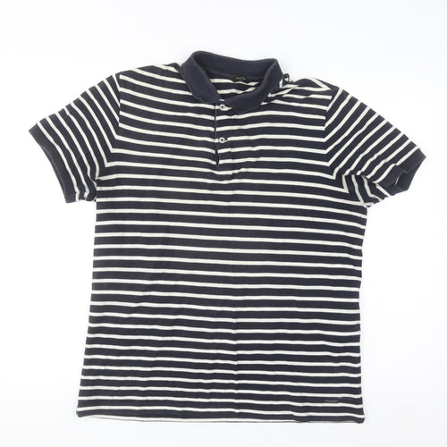 Massimo Dutti Men's Blue Striped Cotton Polo Shirt Size M
