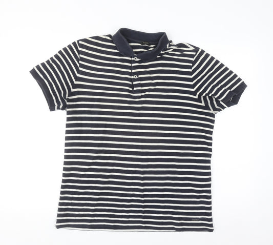Massimo Dutti Men's Blue Striped Cotton Polo Shirt Size M