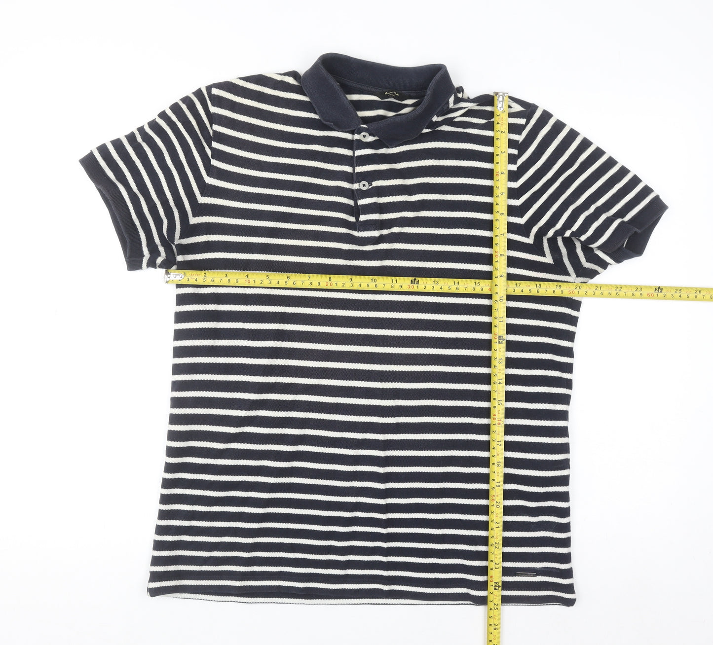 Massimo Dutti Men's Blue Striped Cotton Polo Shirt Size M
