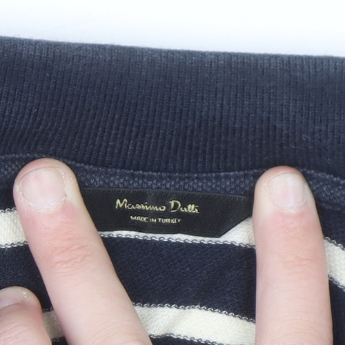Massimo Dutti Men's Blue Striped Cotton Polo Shirt Size M
