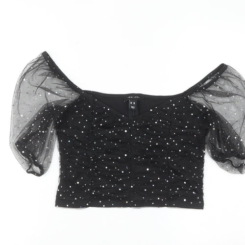 New Look Women Black Sequin Mesh Puff Sleeve Cropped Blouse Size 14