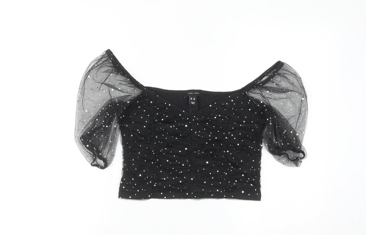 New Look Women Black Sequin Mesh Puff Sleeve Cropped Blouse Size 14