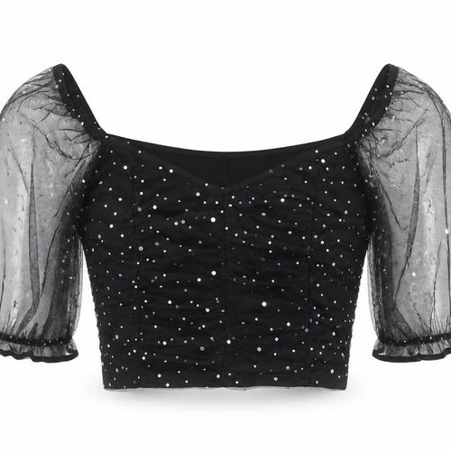 New Look Women Black Sequin Mesh Puff Sleeve Cropped Blouse Size 14