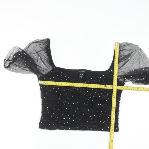 New Look Women Black Sequin Mesh Puff Sleeve Cropped Blouse Size 14