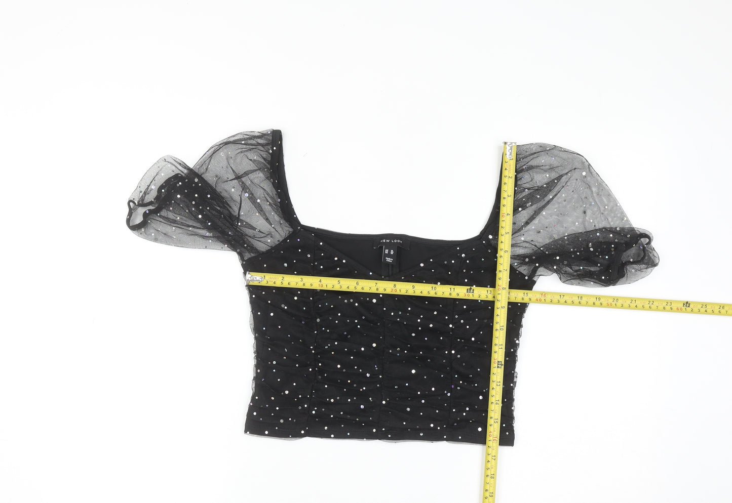 New Look Women Black Sequin Mesh Puff Sleeve Cropped Blouse Size 14