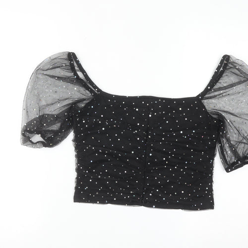 New Look Women Black Sequin Mesh Puff Sleeve Cropped Blouse Size 14