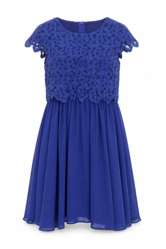 Front view of Angeleye Women Blue Floral Lace A-Line Short Dress, size 10