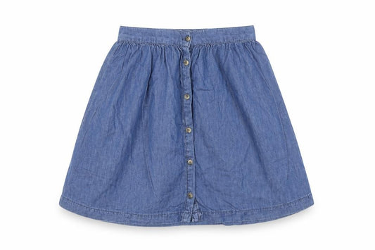 Front view of New Look Women’s Blue Denim A-Line Button Skirt UK 10