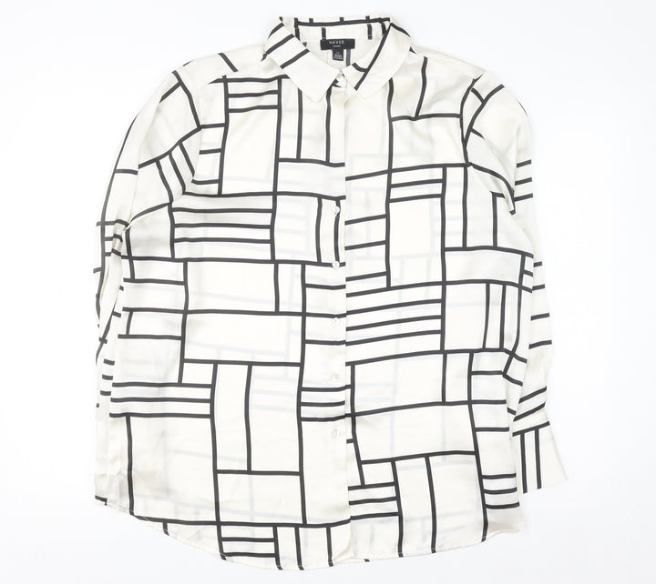 Haver London Women's Ivory Geometric Long Sleeve Button-Up Blouse Size L