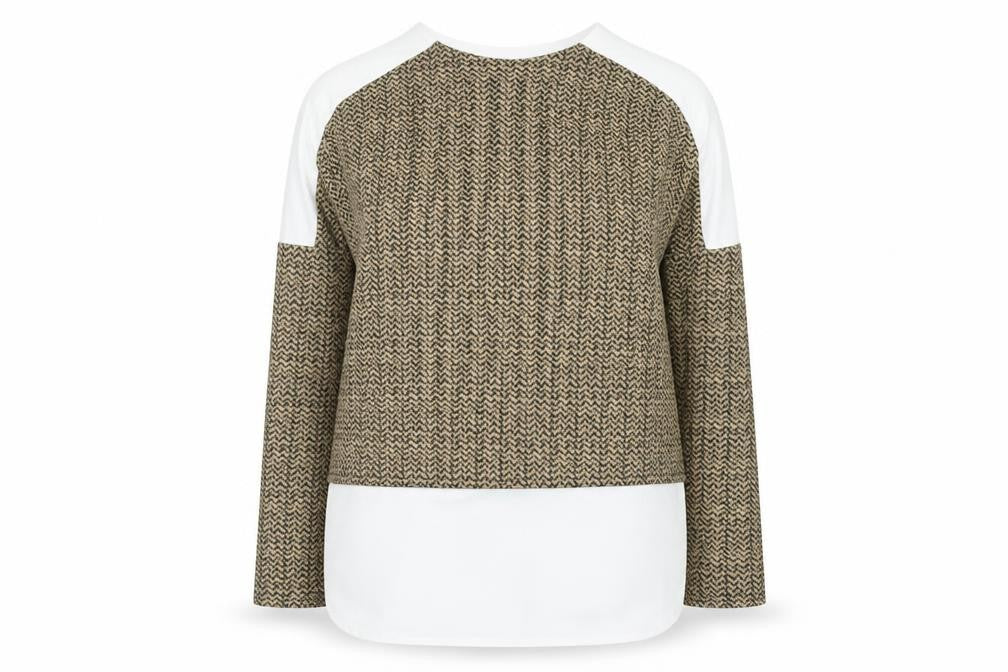 Front view of Passion women’s beige geometric tunic blouse, size UK 10, long sleeve
