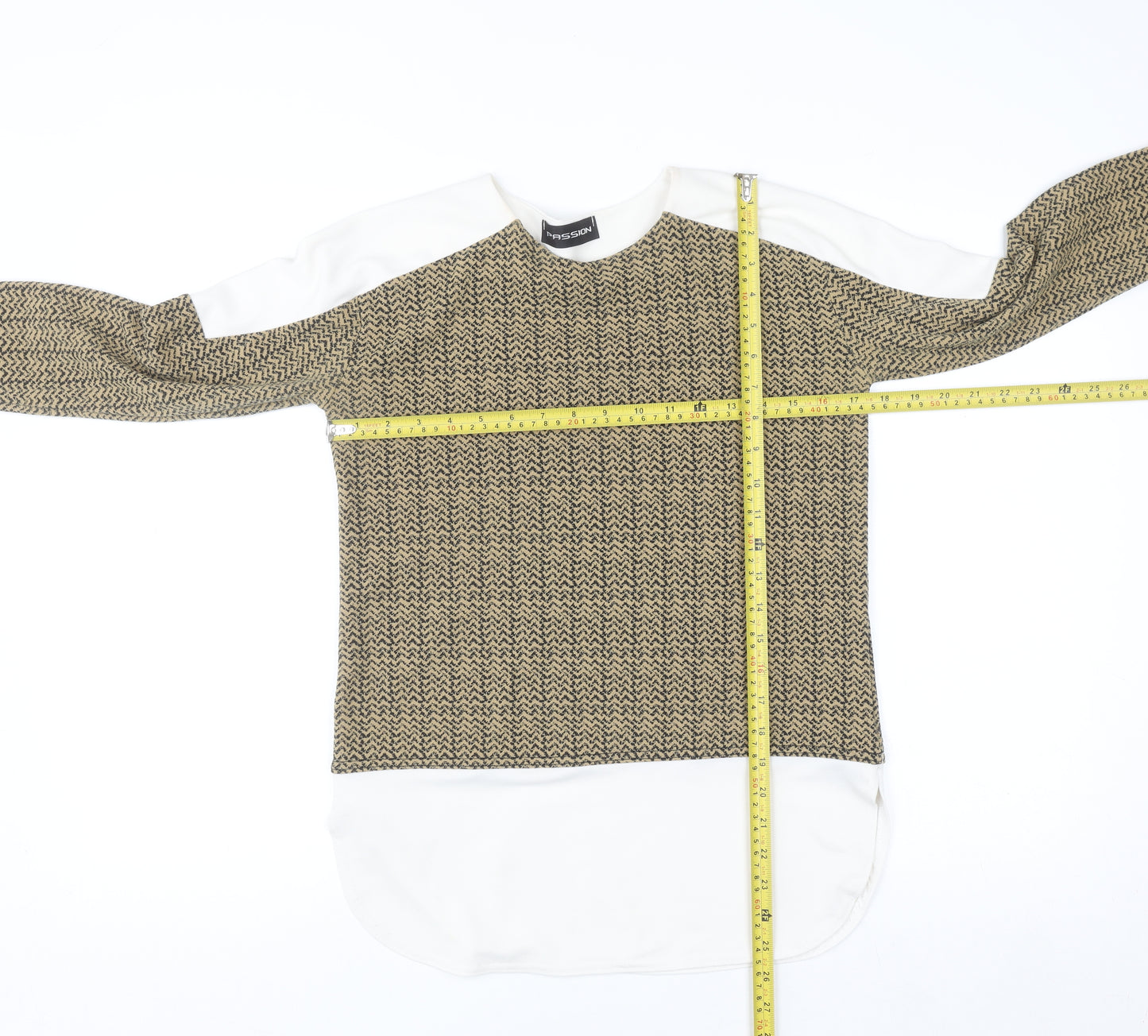 Passion Womens Beige Geometric Tunic Blouse Size 10 Long Sleeve