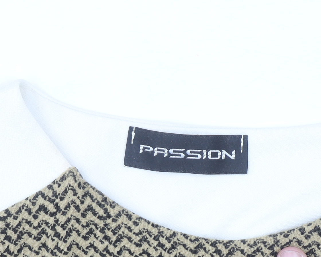 Passion Womens Beige Geometric Tunic Blouse Size 10 Long Sleeve