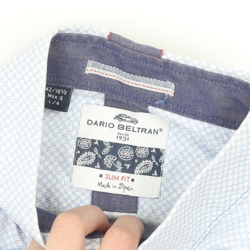 Dario Beltran Men's Blue Slim Fit Long Sleeve Cotton Shirt L 42in
