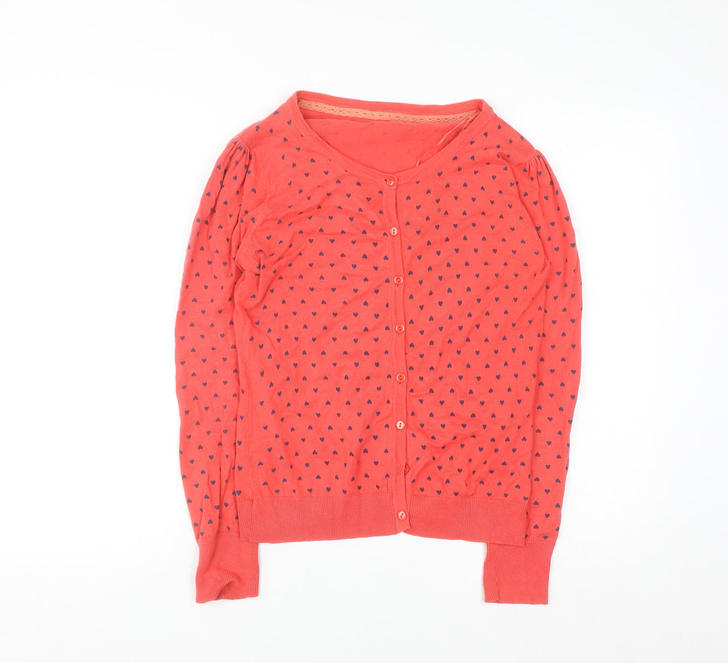 St. Bernard Women’s Coral Heart Print V-Neck Button Cardigan Size 12
