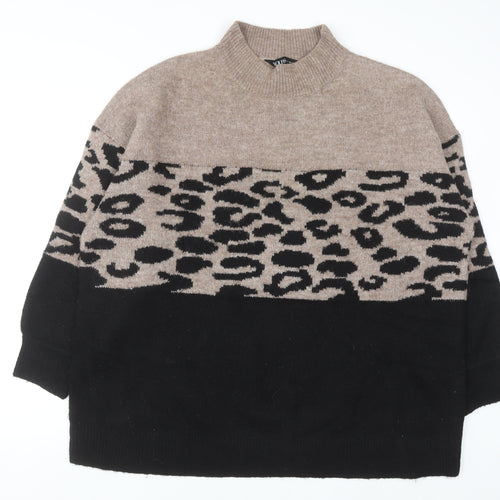 Yours Women Beige Black Animal Print Mock Neck Long Sleeve Jumper Size 18-20