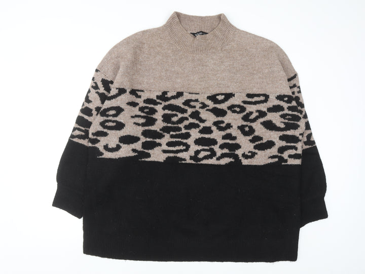 Yours Women Beige Black Animal Print Mock Neck Long Sleeve Jumper Size 18-20