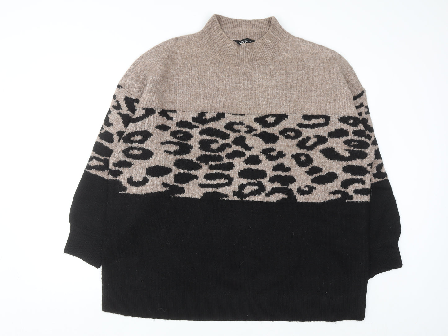 Yours Women Beige Black Animal Print Mock Neck Long Sleeve Jumper Size 18-20