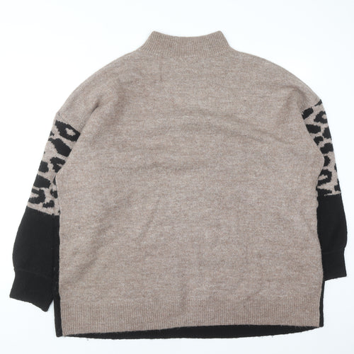 Yours Women Beige Black Animal Print Mock Neck Long Sleeve Jumper Size 18-20