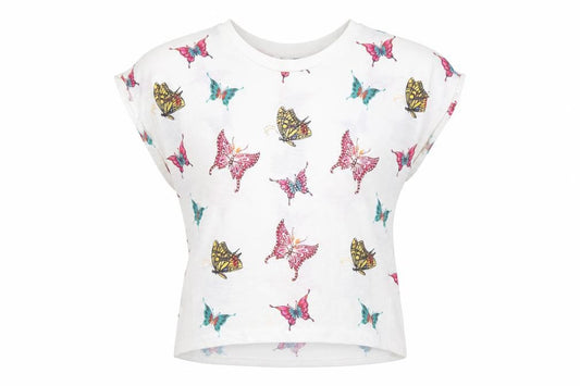 Front view of Stella Morgan women’s white butterfly print jumper, size UK 10