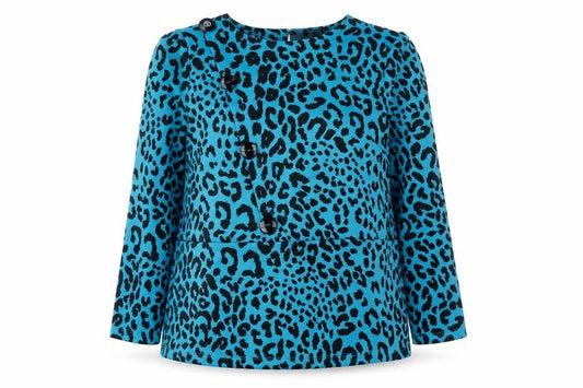Front view of Savida Women's Blue Leopard Print Long Sleeve Blouse XS