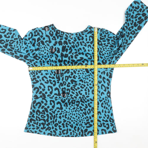 Savida Women's Blue Leopard Print Long Sleeve Blouse XS