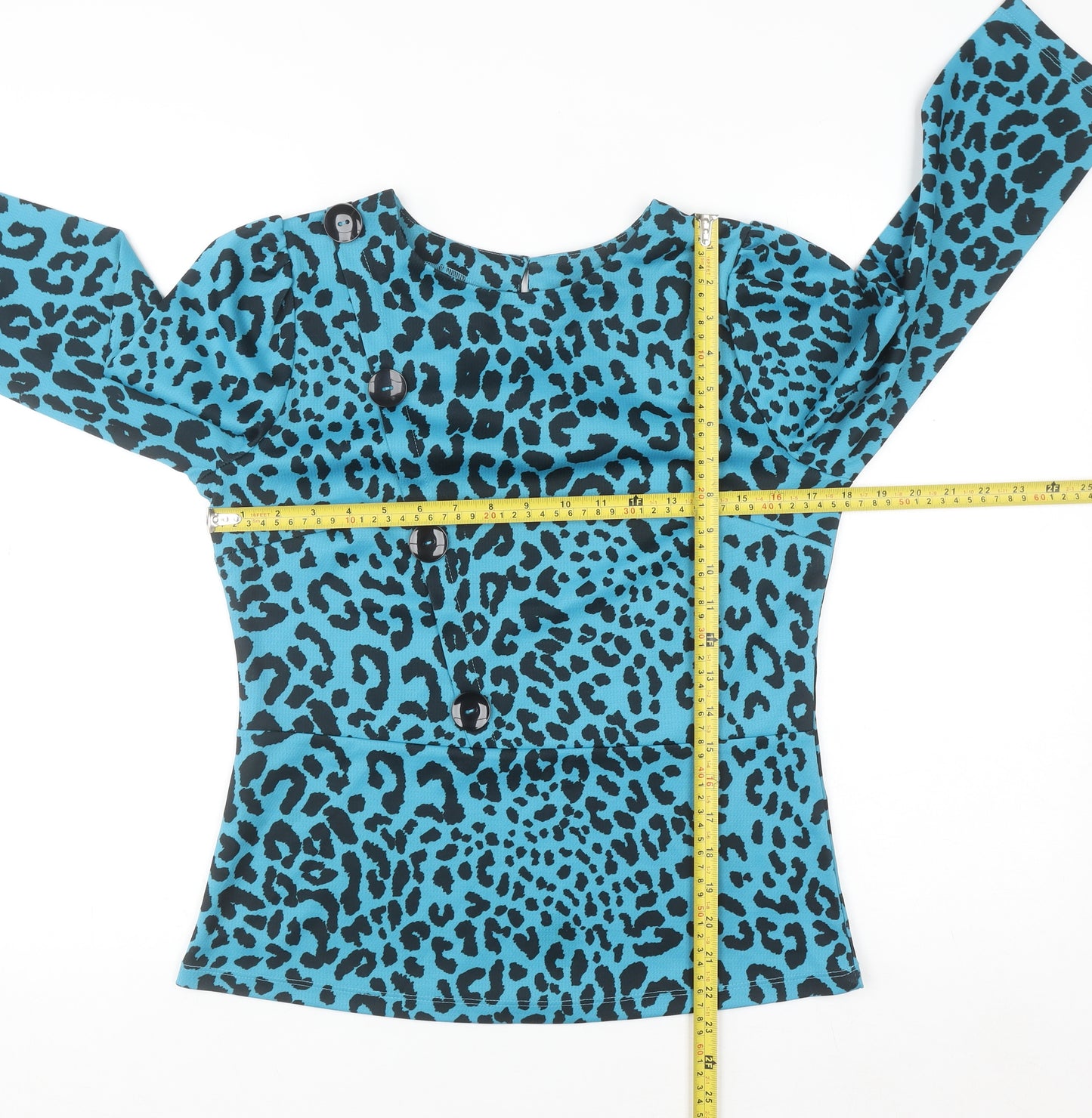Savida Women's Blue Leopard Print Long Sleeve Blouse XS