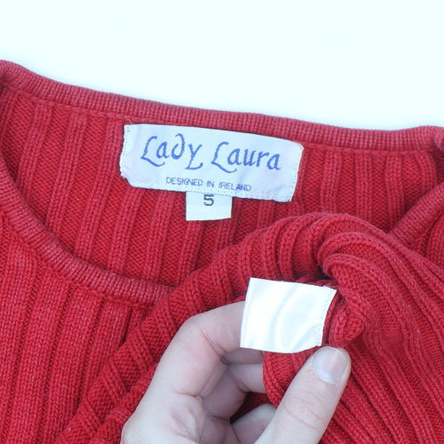 Lady Laura Womens Red Cotton Rib Knit Crew Neck Jumper Size 12