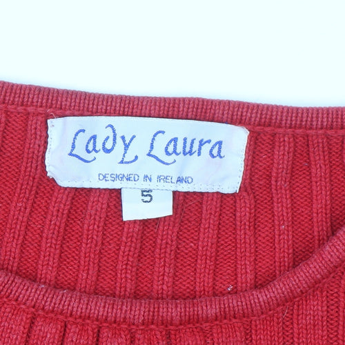 Lady Laura Womens Red Cotton Rib Knit Crew Neck Jumper Size 12