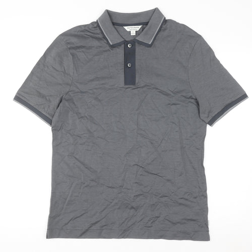 Marks and Spencer Men's Grey Striped Cotton Polo Shirt M