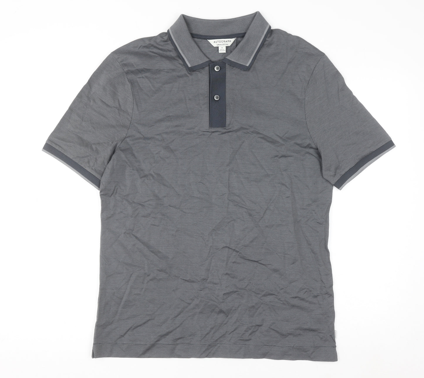 Marks and Spencer Men's Grey Striped Cotton Polo Shirt M